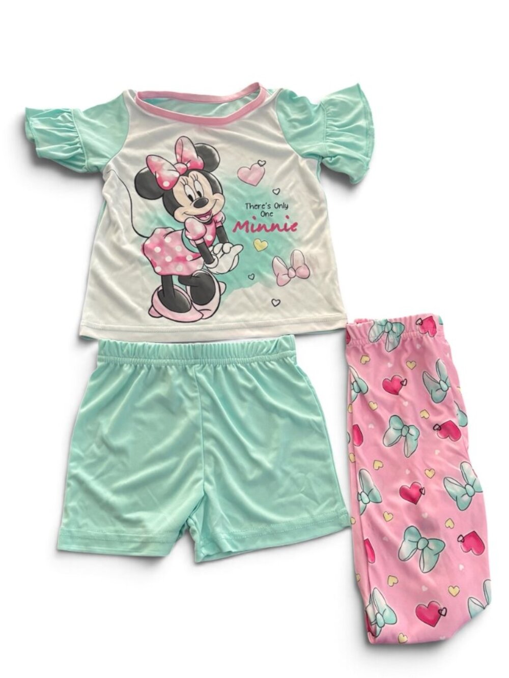 NWT Disney Minnie Mouse Girls 3-Piece Pajama Set Pink Aqua Hearts Bows